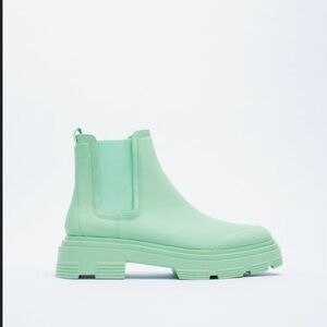 Zara- Solid Color Rubberized Ankle Boots- Water Green, size 10
